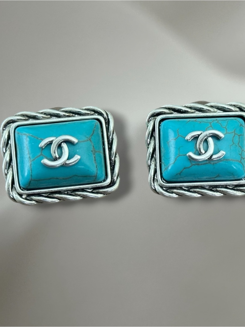 Upcycled Chanel Turquoise Silver-Tone CC Rectangle Earrings